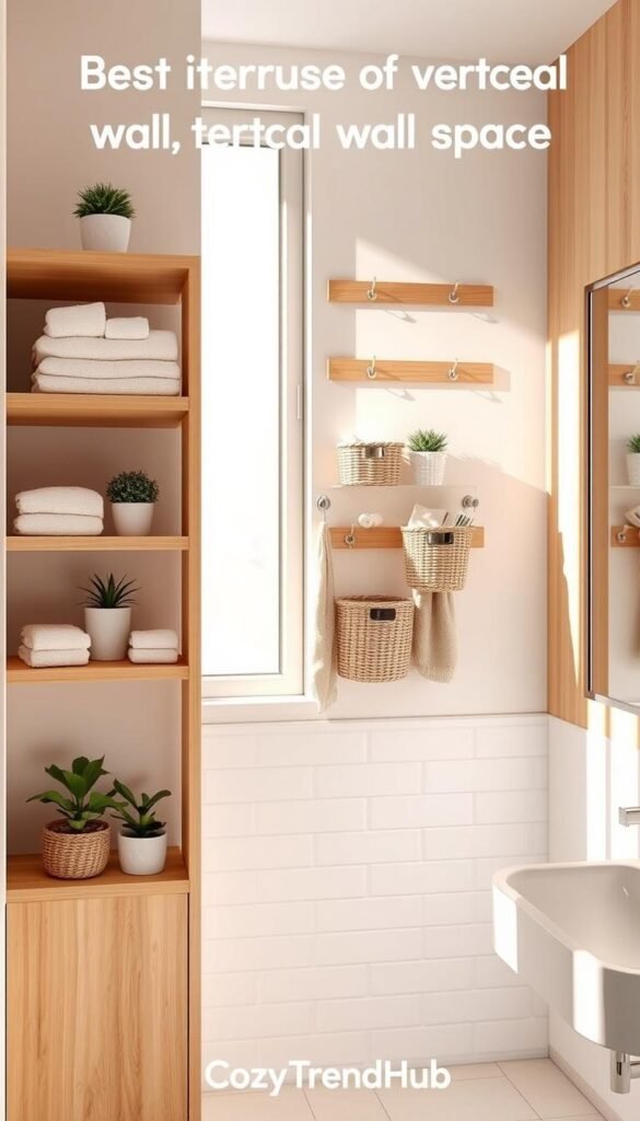 A beautifully organized bathroom showcasing the best use of vertical wall space for storage. In the foreground, a modern shelving unit made of light wood displays neatly folded towels, small potted plants, and decorative baskets. The middle section features wall-mounted wooden racks with hooks for hanging toiletries and stylish baskets filled with bath essentials. In the background, a serene, softly lit bathroom with white tiles and a large mirror reflects the ambiance. Natural light streams in from a frosted window, casting gentle shadows that enhance the cozy atmosphere. The scene is styled to evoke a Pinterest-inspired aesthetic, emphasizing practicality and elegance, branded with "CozyTrendHub" subtly integrated into the shelving design.