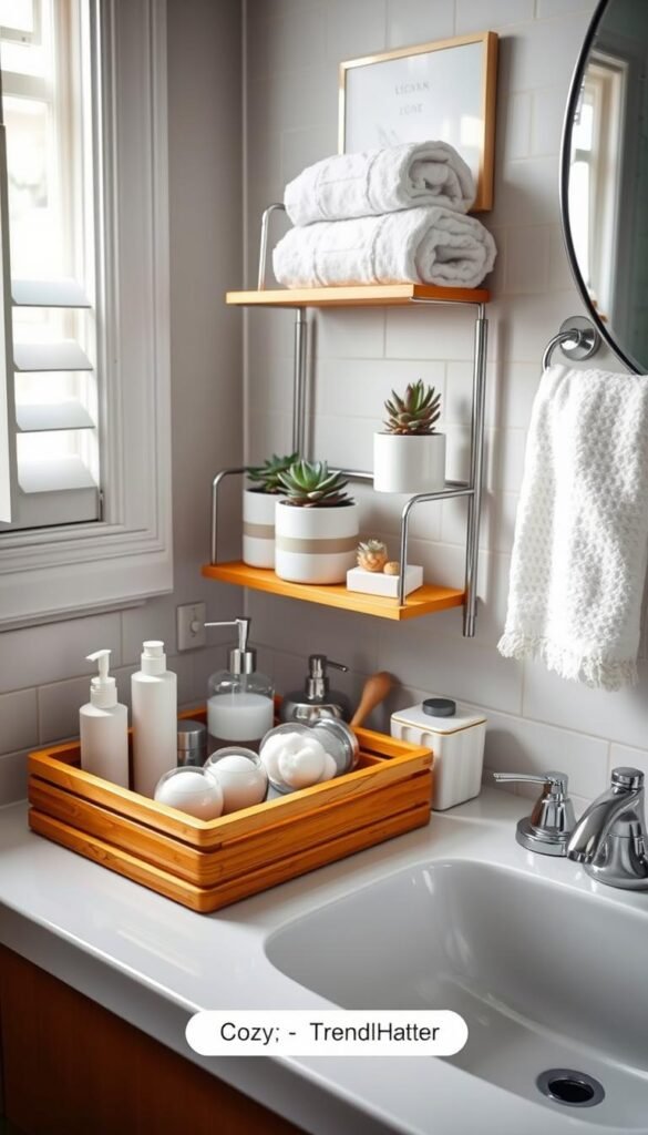 A beautifully organized bathroom sink area, featuring stylish countertop organizers that blend functionality with aesthetics. In the foreground, a bamboo caddy holds various toiletries, a chic soap dispenser, and decorative cotton ball jars. The middle section displays a neatly arranged tiered shelf with potted succulents and a plush hand towel, all bathed in soft, natural light from a nearby window. The background showcases a tastefully tiled wall and minimalist decor, creating a serene atmosphere. Capture this scene from a slightly elevated angle, emphasizing the depth of organization while maintaining a cohesive, relaxing vibe. The style reflects the Pinterest aesthetic, showcasing a balance between practicality and elegance, branded as "CozyTrendHub." A beautifully organized bathroom sink area, featuring stylish countertop organizers that blend functionality with aesthetics. In the foreground, a bamboo caddy holds various toiletries, a chic soap dispenser, and decorative cotton ball jars. The middle section displays a neatly arranged tiered shelf with potted succulents and a plush hand towel, all bathed in soft, natural light from a nearby window. The background showcases a tastefully tiled wall and minimalist decor, creating a serene atmosphere. Capture this scene from a slightly elevated angle, emphasizing the depth of organization while maintaining a cohesive, relaxing vibe. The style reflects the Pinterest aesthetic, showcasing a balance between practicality and elegance, branded as "CozyTrendHub."