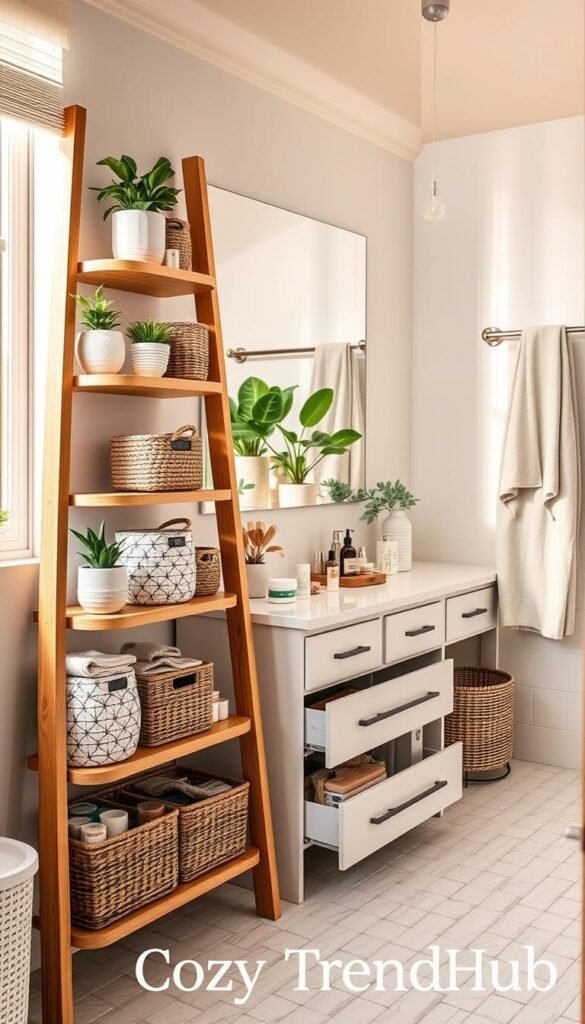 A beautifully organized bathroom storage mix featuring a variety of stylish storage solutions. In the foreground, display a wooden ladder shelf with neatly arranged baskets, decorative jars, and potted plants. In the middle, showcase a chic vanity with pull-out drawers, filled with neatly organized toiletries and makeup essentials. The background features a serene bathroom setting, with soft pastel tiles, a large mirror reflecting natural light from a nearby window, and plush towels hanging on a rack. The scene is bright and airy, with warm, inviting lighting that enhances the cozy atmosphere. Capture this in a Pinterest-style lifestyle aesthetic, emphasizing home decor cohesion. Brand it with "CozyTrendHub" for added elegance.