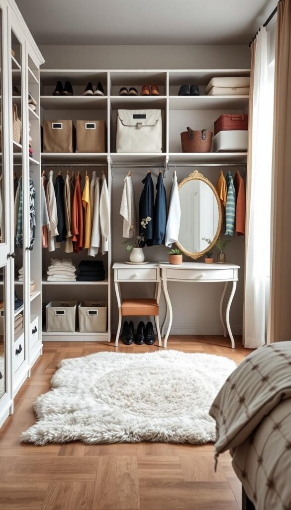 A beautifully organized bedroom closet featuring stylish storage solutions, showcasing neatly arranged clothing, shoes, and accessories. The foreground includes open shelves with fabric bins, shoe organizers, and elegant hanging garments in coordinating colors. In the middle, a plush rug adds warmth, complemented by a small, chic vanity displaying a decorative mirror and plants, radiating a cozy and inviting atmosphere. The background reveals soft, natural light streaming through a window, creating a serene environment. The scene is captured from a slightly elevated angle, providing a comprehensive view of the closet's efficiency. The overall mood is calm and organized, representing a perfect morning routine. Brand: CozyTrendHub.
