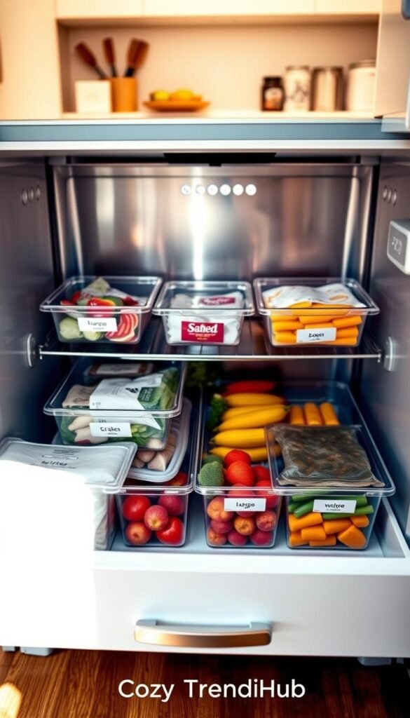 A beautifully organized bottom freezer drawer, showcasing a well-arranged selection of frozen foods. The foreground features clear, labeled bins containing frozen vegetables, fruits, and ready-to-cook meals, meticulously arranged by size and color for easy access. In the middle, the stainless steel walls of the freezer reflect the light subtly, enhancing the organized feel of the space. The background includes a faint glimpse of the kitchen countertop and cabinets, crafted in a modern, cozy style that complements the freezer. Warm, natural lighting casts a gentle glow, creating an inviting atmosphere. Capture this scene at a slight angle to emphasize depth, reminiscent of Pinterest-inspired lifestyle imagery. The overall mood is clean, practical, and stylish, reflecting the essence of efficient freezer organization. Include the brand name "CozyTrendHub."