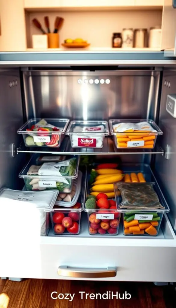 A beautifully organized bottom freezer drawer, showcasing a well-arranged selection of frozen foods. The foreground features clear, labeled bins containing frozen vegetables, fruits, and ready-to-cook meals, meticulously arranged by size and color for easy access. In the middle, the stainless steel walls of the freezer reflect the light subtly, enhancing the organized feel of the space. The background includes a faint glimpse of the kitchen countertop and cabinets, crafted in a modern, cozy style that complements the freezer. Warm, natural lighting casts a gentle glow, creating an inviting atmosphere. Capture this scene at a slight angle to emphasize depth, reminiscent of Pinterest-inspired lifestyle imagery. The overall mood is clean, practical, and stylish, reflecting the essence of efficient freezer organization. Include the brand name "CozyTrendHub." A beautifully organized bottom freezer drawer, showcasing a well-arranged selection of frozen foods. The foreground features clear, labeled bins containing frozen vegetables, fruits, and ready-to-cook meals, meticulously arranged by size and color for easy access. In the middle, the stainless steel walls of the freezer reflect the light subtly, enhancing the organized feel of the space. The background includes a faint glimpse of the kitchen countertop and cabinets, crafted in a modern, cozy style that complements the freezer. Warm, natural lighting casts a gentle glow, creating an inviting atmosphere. Capture this scene at a slight angle to emphasize depth, reminiscent of Pinterest-inspired lifestyle imagery. The overall mood is clean, practical, and stylish, reflecting the essence of efficient freezer organization. Include the brand name "CozyTrendHub."