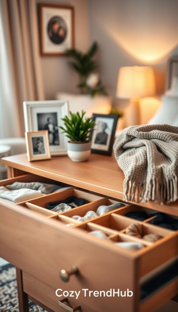 A beautifully organized chest of drawers in a cozy, well-lit bedroom. The foreground features neatly divided drawers showcasing folded clothing and accessories, with stylish drawer dividers in soft neutral tones. In the middle, the chest of drawers is surrounded by decorative items such as a small potted plant, a framed photo, and a cozy throw blanket draped over one side. The background includes a softly blurred view of a tastefully decorated room with warm lighting, inviting a sense of tranquility and order. Use a shallow depth of field for a professional look that highlights the organization within the drawers. The overall mood exudes warmth and sophistication, perfect for inspiring small space organization hacks. Brand name "CozyTrendHub" subtly integrated into the scene.
