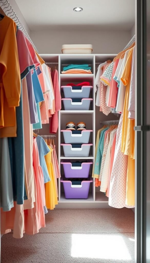 A beautifully organized children's closet featuring colorful clothes neatly hung and folded. In the foreground, a vibrant wardrobe with a mix of casual and dressy outfits in soft pastels, arranged by color for easy access. The middle section shows a playful storage system with labeled bins for shoes and accessories, promoting a tidy appearance. In the background, soft sunlight streams through a window, illuminating the closet, creating a warm and inviting atmosphere. The scene is styled in a modern, minimalist theme with a touch of whimsy, reminiscent of Pinterest-worthy home decor. Capture this image in bright, natural lighting using a wide-angle lens for an immersive feel. No captions or text overlays, purely focused on the closet organization concept. Created for CozyTrendHub.
