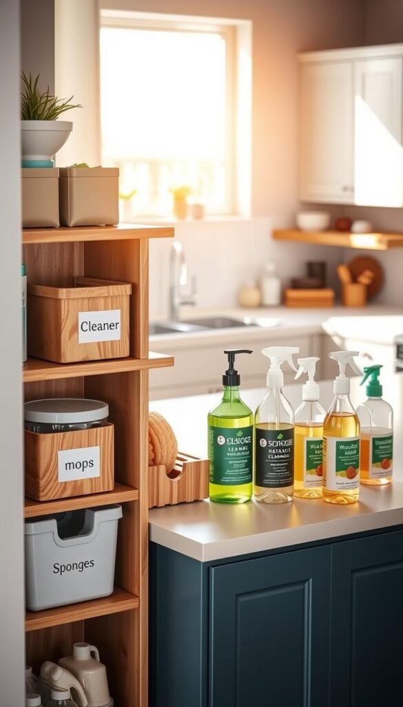 A beautifully organized cleaning supply area showcasing various cleaning organizers in a modern home setting. In the foreground, a stylish, open shelving unit displays neatly arranged containers labeled for different cleaning supplies&mdash;one for glass cleaners, another for mops, and one for sponges&mdash;each with a rustic wooden finish. In the middle ground, a sleek, well-lit countertop holds eco-friendly cleaning products in aesthetically pleasing bottles, highlighting their natural ingredients. The background features a sunlit kitchen with soft, warm lighting filtering through a window, creating an inviting atmosphere. The overall mood is fresh and organized, embodying the essence of productivity and cleanliness. Vibrant colors harmonize with a minimalistic design, reminiscent of Pinterest-style lifestyle photos curated by CozyTrendHub.