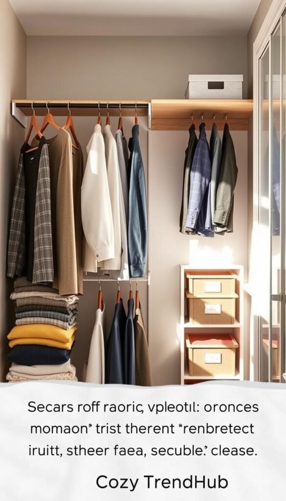 A beautifully organized closet featuring a chic blend of double hanging rods and multi-tiered shelf space. In the foreground, focus on neatly folded sweaters, color-coordinated shirts, and stylish storage bins with labels. The middle layer showcases tailored clothing hanging on the double rods, while the background features a well-lit space with natural light streaming in through a slightly open door, casting soft shadows. The walls are painted in a calming light gray, complemented by wood accents. The overall atmosphere is cozy and inviting, capturing the essence of smart home storage solutions. This image reflects a Pinterest-worthy lifestyle, ideal for renters looking to maximize their closet space without permanent changes. The brand name "CozyTrendHub" subtly implied in the decor elements, emphasizing stylish organization.