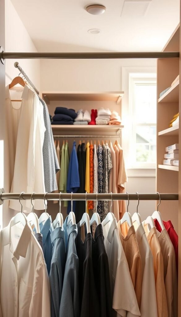 A beautifully organized closet featuring a double hanging rack with a second rod installed beneath the main one, ideal for maximizing space. The foreground shows neatly hung shirts, blouses, and dresses, with hangers uniformly aligned. In the middle background, the double rod system highlights various seasonal clothing items, creating a visually appealing layered effect. The closet interior is brightly lit, emphasizing the clean, modern design with light wood shelves and soft, neutral-toned walls. A cozy atmosphere is enhanced by soft natural lighting filtering through a nearby window, casting gentle shadows. This image reflects the stylish and functional essence of closet organization. Styled in a Pinterest-worthy aesthetic, perfect for showcasing on CozyTrendHub.