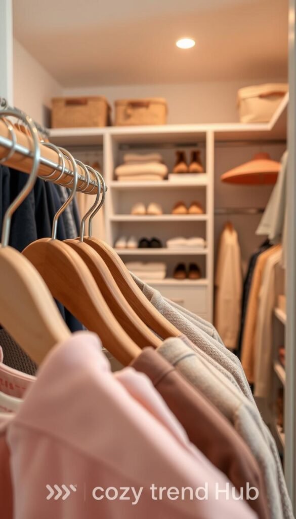 A beautifully organized closet featuring a variety of stylish hangers. In the foreground, close-up on sleek wooden and velvet hangers holding neatly arranged clothes in pastel shades. The middle ground showcases an organized closet layout with matching shelves, shoes, and accessories elegantly displayed. In the background, soft lighting creates a warm and inviting atmosphere, highlighting rich textures of fabric and colors. The overall mood is cozy and inspiring, perfect for showcasing thoughtful closet organization. The space should reflect a realistic Pinterest-style lifestyle photo, with a modern and chic aesthetic. This image encapsulates the essence of maximizing hanging space in any home, emphasizing simplicity and elegance. CozyTrendHub branding subtly integrated.
