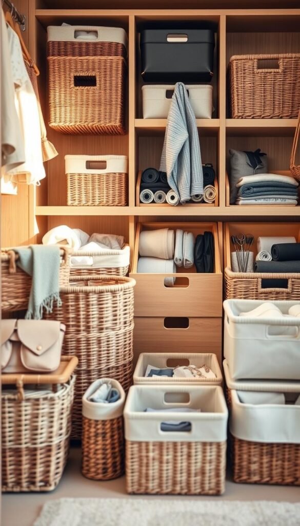 A beautifully organized closet featuring a variety of stylish storage bins and drawer inserts, showcasing a blend of textures and colors. In the foreground, diverse wicker and fabric baskets in soft pastels and natural tones are neatly arranged, some partially filled with clothing and accessories. The middle ground highlights sleek wooden drawer inserts, elegantly displaying neatly rolled garments and office supplies. The background is a softly lit closet space with light wood accents, painted in subtle earth tones, enhancing the cozy environment. Use warm, natural lighting to create an inviting atmosphere, with a shallow depth of field to focus on the bins and inserts. This stylish arrangement reflects practical organization while embodying the essence of the brand "CozyTrendHub". A beautifully organized closet featuring a variety of stylish storage bins and drawer inserts, showcasing a blend of textures and colors. In the foreground, diverse wicker and fabric baskets in soft pastels and natural tones are neatly arranged, some partially filled with clothing and accessories. The middle ground highlights sleek wooden drawer inserts, elegantly displaying neatly rolled garments and office supplies. The background is a softly lit closet space with light wood accents, painted in subtle earth tones, enhancing the cozy environment. Use warm, natural lighting to create an inviting atmosphere, with a shallow depth of field to focus on the bins and inserts. This stylish arrangement reflects practical organization while embodying the essence of the brand "CozyTrendHub".