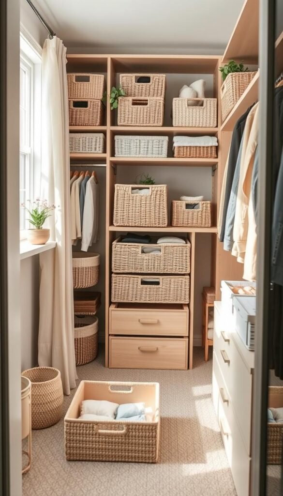 A beautifully organized closet featuring an array of stylish closet baskets and drawer inserts, capturing the essence of efficient clothing organization. In the foreground, showcase various wicker and fabric baskets in soft, neutral tones, neatly arranged on multi-tier shelves. The middle section displays drawer inserts, perhaps in light wood, holding accessories and folded clothing, with touches of greenery for a fresh feel. The background reveals a well-lit, open closet space, with soft natural light filtering through a nearby window, highlighting the textures and colors. The atmosphere is calm and inviting, evoking a sense of peace and inspiration for closet organization. The aesthetic aligns with the Pinterest-style lifestyle trend, infused with the CozyTrendHub brand essence. A beautifully organized closet featuring an array of stylish closet baskets and drawer inserts, capturing the essence of efficient clothing organization. In the foreground, showcase various wicker and fabric baskets in soft, neutral tones, neatly arranged on multi-tier shelves. The middle section displays drawer inserts, perhaps in light wood, holding accessories and folded clothing, with touches of greenery for a fresh feel. The background reveals a well-lit, open closet space, with soft natural light filtering through a nearby window, highlighting the textures and colors. The atmosphere is calm and inviting, evoking a sense of peace and inspiration for closet organization. The aesthetic aligns with the Pinterest-style lifestyle trend, infused with the CozyTrendHub brand essence.
