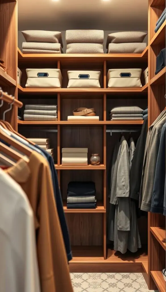 A beautifully organized closet featuring wooden shelves and smart storage solutions for maximizing space. In the foreground, neatly arranged garments hang on strong, sleek hangers. The middle section showcases multiple sturdy shelves filled with stylish neatly folded clothes, a few decorative boxes, and personal accessories, all in a cohesive color scheme. In the background, soft ambient lighting creates a warm atmosphere, highlighting the closet's design and textures. A lens focused on this inviting space gives a slight depth of field, emphasizing the organized sections. The mood is serene and inspiring, perfect for someone looking to upgrade their closet. This image reflects the essence of modern home organization and aligns with the Pinterest-style aesthetic of CozyTrendHub.