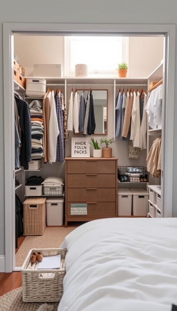 A beautifully organized closet in a cozy bedroom, showcasing a variety of closet bedroom organizers from CozyTrendHub. The foreground features neatly arranged baskets, labeled storage boxes, and hanging organizers filled with folded clothes, shoes, and accessories. In the middle, a stylish dresser complements the closet, topped with decorative items like plants and books, creating a warm, inviting atmosphere. The background illustrates soft, natural light streaming in through a window, enhancing the calming mood of the space. The angle captures a slight overhead view, highlighting the efficiency and accessibility of each organizer. The overall aesthetic is modern, minimalistic, and perfect for a first apartment, evoking a sense of peace and order. A beautifully organized closet in a cozy bedroom, showcasing a variety of closet bedroom organizers from CozyTrendHub. The foreground features neatly arranged baskets, labeled storage boxes, and hanging organizers filled with folded clothes, shoes, and accessories. In the middle, a stylish dresser complements the closet, topped with decorative items like plants and books, creating a warm, inviting atmosphere. The background illustrates soft, natural light streaming in through a window, enhancing the calming mood of the space. The angle captures a slight overhead view, highlighting the efficiency and accessibility of each organizer. The overall aesthetic is modern, minimalistic, and perfect for a first apartment, evoking a sense of peace and order.