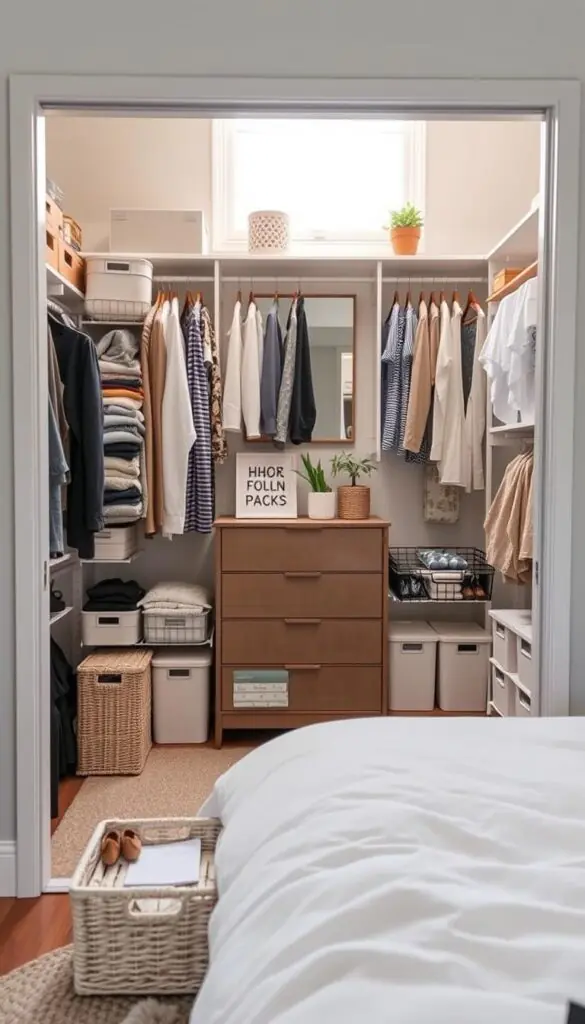 A beautifully organized closet in a cozy bedroom, showcasing a variety of closet bedroom organizers from CozyTrendHub. The foreground features neatly arranged baskets, labeled storage boxes, and hanging organizers filled with folded clothes, shoes, and accessories. In the middle, a stylish dresser complements the closet, topped with decorative items like plants and books, creating a warm, inviting atmosphere. The background illustrates soft, natural light streaming in through a window, enhancing the calming mood of the space. The angle captures a slight overhead view, highlighting the efficiency and accessibility of each organizer. The overall aesthetic is modern, minimalistic, and perfect for a first apartment, evoking a sense of peace and order.