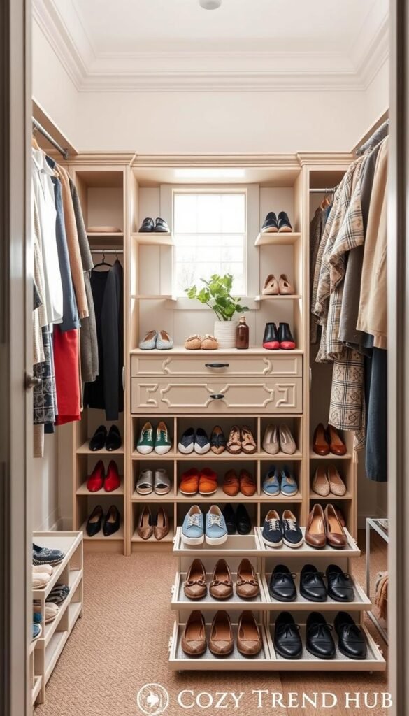 A beautifully organized closet interior showcasing innovative shoe storage ideas designed to keep pairs together and floors clear. In the foreground, feature elegant shoe organizers with various styles of footwear arranged neatly&mdash;think stylish heels, casual sneakers, and classic loafers, all in complementary color schemes. The middle ground includes a modern shelving unit with intricate details and a soft wood finish, providing ample space for shoes while keeping the closet feeling open and airy. In the background, soft, natural lighting filters through a window, creating a warm, inviting atmosphere. Incorporate elements like a small potted plant on the shelf and cozy textiles draped nearby to enhance the homey feel. Capture the essence of a Pinterest-style lifestyle image, branded with the name "CozyTrendHub."