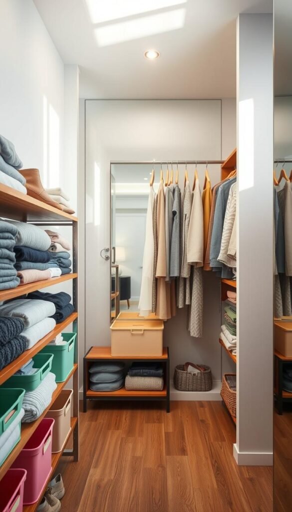 A beautifully organized closet interior with a mix of storage solutions. In the foreground, neatly folded sweaters and shirts on wooden shelves, with vibrant storage bins in pastel colors. In the middle, a stylish garment rack displaying a variety of clothing, including dresses and jackets, accented by matching hangers. The background features a mirror reflecting the entire space, creating a sense of depth. Soft, natural lighting illuminates the closet, enhancing the inviting atmosphere. The walls are painted a calming light gray, while the floor is a modern laminate in a warm tone. The entire scene emanates a sense of tranquility and order, perfect for a home decor article. Inspired by CozyTrendHub’s aesthetic, the image captures the beauty of functional design. A beautifully organized closet interior with a mix of storage solutions. In the foreground, neatly folded sweaters and shirts on wooden shelves, with vibrant storage bins in pastel colors. In the middle, a stylish garment rack displaying a variety of clothing, including dresses and jackets, accented by matching hangers. The background features a mirror reflecting the entire space, creating a sense of depth. Soft, natural lighting illuminates the closet, enhancing the inviting atmosphere. The walls are painted a calming light gray, while the floor is a modern laminate in a warm tone. The entire scene emanates a sense of tranquility and order, perfect for a home decor article. Inspired by CozyTrendHub’s aesthetic, the image captures the beauty of functional design.