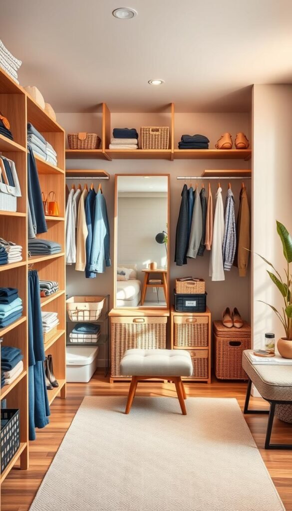 A beautifully organized closet reset showcasing a modern, minimalist design. In the foreground, a neatly arranged closet featuring wooden shelves filled with color-coordinated clothing, folded jeans, and chic accessories on display, all bathed in warm, natural light. In the middle, elegantly labeled storage bins and baskets are neatly positioned around a full-length mirror. The background reveals soft, pastel wall colors and ambient lighting that enhances the cozy atmosphere. The room features plants for a touch of freshness and a small seating area for convenience. The photo is styled with a Pinterest aesthetic, embodying a sense of calm and order, highlighting the theme of effective closet organization. Ideal for a lifestyle article by CozyTrendHub.