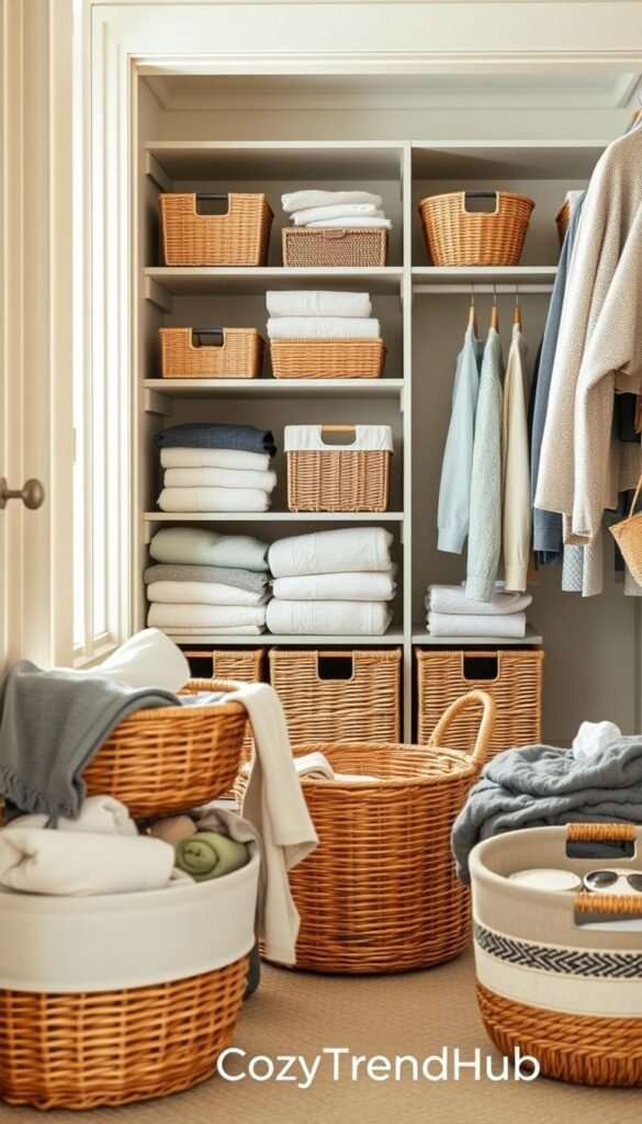 A beautifully organized closet scene featuring a selection of stylish and functional closet baskets in various sizes and materials. In the foreground, display natural wicker and fabric baskets filled with neatly folded towels, clothing, and accessories. In the middle, showcase a sleek, modern shelving unit holding a mix of decorative and practical baskets, emphasizing their versatility for both shelves and floors. The background should fade softly into a warm, neutral color palette that enhances the calm and inviting atmosphere of a linen closet. Soft, natural lighting illuminates the scene, creating gentle shadows that add depth and realism. Capture the essence of home organization, styled in a Pinterest-worthy design. The brand "CozyTrendHub" is subtly incorporated into the overall aesthetic, enhancing the lifestyle aspect while maintaining focus on the baskets. A beautifully organized closet scene featuring a selection of stylish and functional closet baskets in various sizes and materials. In the foreground, display natural wicker and fabric baskets filled with neatly folded towels, clothing, and accessories. In the middle, showcase a sleek, modern shelving unit holding a mix of decorative and practical baskets, emphasizing their versatility for both shelves and floors. The background should fade softly into a warm, neutral color palette that enhances the calm and inviting atmosphere of a linen closet. Soft, natural lighting illuminates the scene, creating gentle shadows that add depth and realism. Capture the essence of home organization, styled in a Pinterest-worthy design. The brand "CozyTrendHub" is subtly incorporated into the overall aesthetic, enhancing the lifestyle aspect while maintaining focus on the baskets.