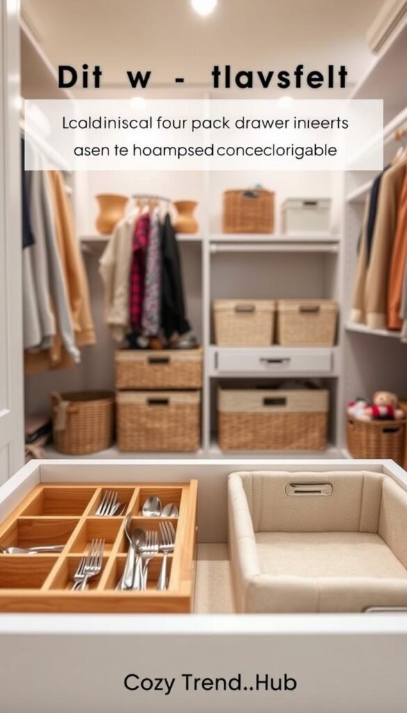 A beautifully organized closet scene featuring multiple drawer inserts and baskets, designed for both shallow and deep drawers. In the foreground, focus on a pair of stylish drawer inserts, one made of natural wood with compartments for utensils and accessories, and the other a soft fabric organizer in a calming beige. The middle ground showcases various woven baskets neatly arranged, some filled with colorful items like scarves and small toys, illustrating both functionality and style. In the background, a softly lit closet space with neutral-toned walls and gentle illumination from overhead lights creates a warm and inviting atmosphere. The scene is styled in a modern Pinterest aesthetic, reflecting a clean and serene home decor vibe. CozyTrendHub branding subtly incorporated into the design, enhancing the lifestyle feel. A beautifully organized closet scene featuring multiple drawer inserts and baskets, designed for both shallow and deep drawers. In the foreground, focus on a pair of stylish drawer inserts, one made of natural wood with compartments for utensils and accessories, and the other a soft fabric organizer in a calming beige. The middle ground showcases various woven baskets neatly arranged, some filled with colorful items like scarves and small toys, illustrating both functionality and style. In the background, a softly lit closet space with neutral-toned walls and gentle illumination from overhead lights creates a warm and inviting atmosphere. The scene is styled in a modern Pinterest aesthetic, reflecting a clean and serene home decor vibe. CozyTrendHub branding subtly incorporated into the design, enhancing the lifestyle feel.