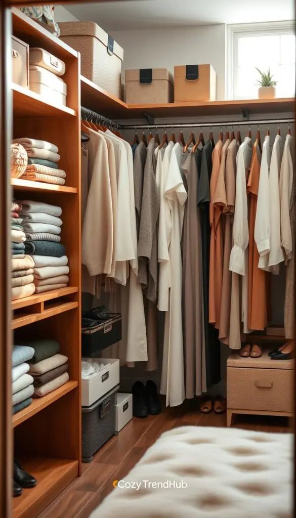 A beautifully organized closet scene, showcasing efficient closet organization ideas for a stylish and functional space. In the foreground, a wooden closet with neatly arranged shelves of folded sweaters, labeled bins, and accessories like scarves strategically placed. The middle of the image features a well-hung collection of shirts, blouses, and dresses in coordinated colors, emphasizing organization without clutter. In the background, soft natural light filters through a window, creating a warm and inviting atmosphere. The closet interior is decorated with subtle seasonal touches, like small potted plants and decorative boxes, enhancing the charm. The overall mood is serene and inspiring, perfect for readers seeking practical closet solutions. Shot with a shallow depth of field to draw focus on the organized items. CozyTrendHub branding subtly integrated into the scene.