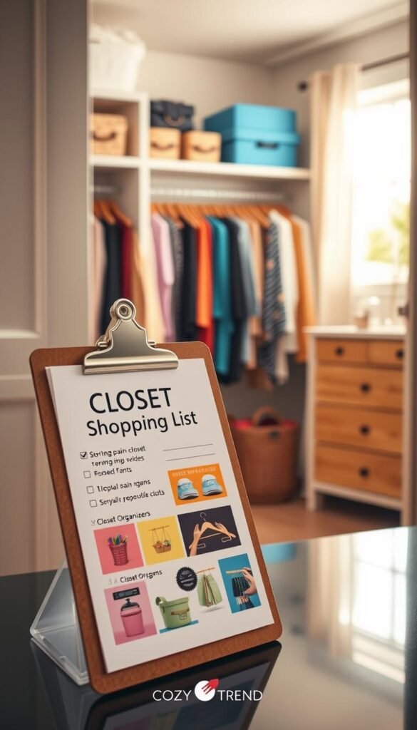 A beautifully organized closet scene that features a "closet shopping list" clearly displayed on a stylish clipboard. In the foreground, the clipboard is adorned with colorful images of storage bins, hangers, and closet organizers, reflecting common pain points in closet organization. The middle ground shows an inviting, neatly arranged closet with various clothing items, showcasing a harmonious blend of colors and textures. In the background, soft natural light filters through a nearby window, creating a warm and cozy atmosphere with subtle shadows. The overall mood is inspirational and motivating, ideal for homeowners looking to enhance their closet space. The scene is styled in line with Pinterest aesthetics, embodying the essence of organization, comfort, and elegance, presented under the brand name "CozyTrendHub."