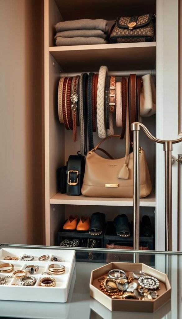 A beautifully organized closet showcasing a selection of elegant accessories. In the foreground, an array of neatly arranged jewelry in decorative trays, including necklaces, rings, and earrings, with soft, diffused lighting highlighting their sparkle. The middle layer features a stylish belt organizer, displaying a variety of colorful belts in a visually appealing manner. Nearby, a chic handbag stand holds an assortment of trendy bags in varying textures and colors, lending a sense of sophistication. The background reveals a softly lit, organized closet space with neutral-toned walls and wooden shelves, creating a warm and inviting atmosphere. Captured from a slightly elevated angle using a 50mm lens, this image exudes a Pinterest-inspired aesthetic, inviting viewers to embrace the beauty of simple organization systems. CozyTrendHub.
