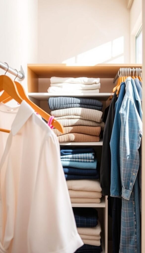 A beautifully organized closet showcasing a variety of neatly hung and folded clothes. In the foreground, a stylish wooden hanger displays a crisp white shirt and a vibrant summer dress, creating a contrast with the warm wood tones. The middle section features neatly stacked sweaters and jeans on a tasteful shelf, highlighting the simplicity of the hang vs fold rule. The background reveals a soft, pastel-colored wall, enhancing the calm and organized feel of the space. Natural light streams through a nearby window, casting gentle shadows and creating a cozy atmosphere. The scene is framed from a slightly angled perspective to give depth, reminiscent of Pinterest lifestyle photography. This image embodies the essence of practical style and smart organization by CozyTrendHub.