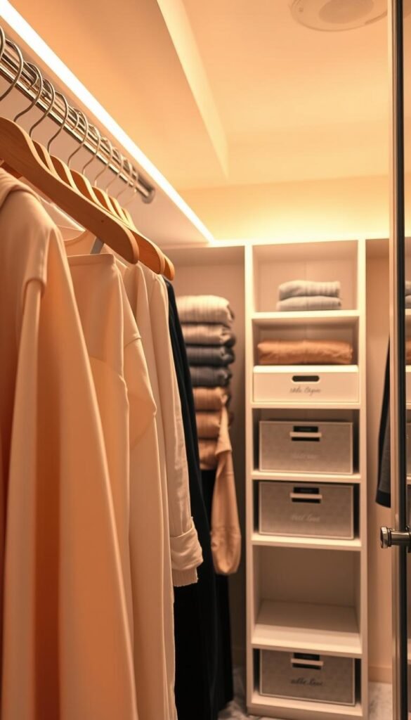 A beautifully organized closet space illuminated by warm LED strip lights. In the foreground, neatly arranged clothing items in soft pastel shades hang on sleek wooden hangers, casting gentle shadows. The middle of the scene features a spacious, well-lit area showcasing open shelving with neatly folded sweaters and stylish storage boxes labeled with elegant typography. In the background, the closet walls are adorned with soft, neutral paint colors, reflecting a welcoming ambiance. The lighting is soft and inviting, creating a cozy atmosphere that enhances visibility and showcases the stored items. Shot from a slightly elevated angle, the lens captures the full breadth of the closet, emphasizing modern home decor aesthetics. This image evokes a sense of tranquility and efficiency, perfect for a stylish storage solution feature. CozyTrendHub. A beautifully organized closet space illuminated by warm LED strip lights. In the foreground, neatly arranged clothing items in soft pastel shades hang on sleek wooden hangers, casting gentle shadows. The middle of the scene features a spacious, well-lit area showcasing open shelving with neatly folded sweaters and stylish storage boxes labeled with elegant typography. In the background, the closet walls are adorned with soft, neutral paint colors, reflecting a welcoming ambiance. The lighting is soft and inviting, creating a cozy atmosphere that enhances visibility and showcases the stored items. Shot from a slightly elevated angle, the lens captures the full breadth of the closet, emphasizing modern home decor aesthetics. This image evokes a sense of tranquility and efficiency, perfect for a stylish storage solution feature. CozyTrendHub.