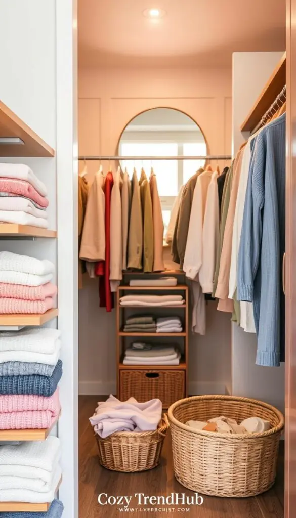 A beautifully organized closet with a modern aesthetic, showcasing a "closet reset" theme. In the foreground, neatly folded sweaters in soft pastels and vibrant colors are stacked on wooden shelves. In the middle ground, hangers with coordinated outfits made from lightweight fabrics show off a blend of textures, and a stylish basket holds accessories. The background reveals a serene wall with a large round mirror reflecting the space, illuminated by warm, natural light coming from a window. The atmosphere is calming and inviting, embodying a clean and minimalist style. The image captures a professional and polished look, perfect for a lifestyle decor setting associated with the brand "CozyTrendHub".