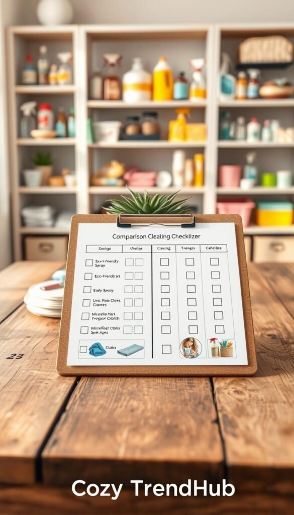 A beautifully organized comparison checklist organizer on a rustic wooden table, showcasing various cleaning supply products. In the foreground, a sleek clipboard displays a neatly arranged table with checkboxes filled in, accompanied by vivid images of cleaning supplies like eco-friendly spray bottles, microfiber cloths, and storage bins. In the middle, a potted plant adds a touch of greenery, enhancing the cozy atmosphere. The background features softly blurred shelves filled with cleaning products, all in pastel colors, creating a harmonious, Pinterest-style aesthetic. The lighting is warm and inviting, mimicking natural sunlight to evoke a sense of home. This image embodies an organized, tidy vibe that reflects the brand "CozyTrendHub."