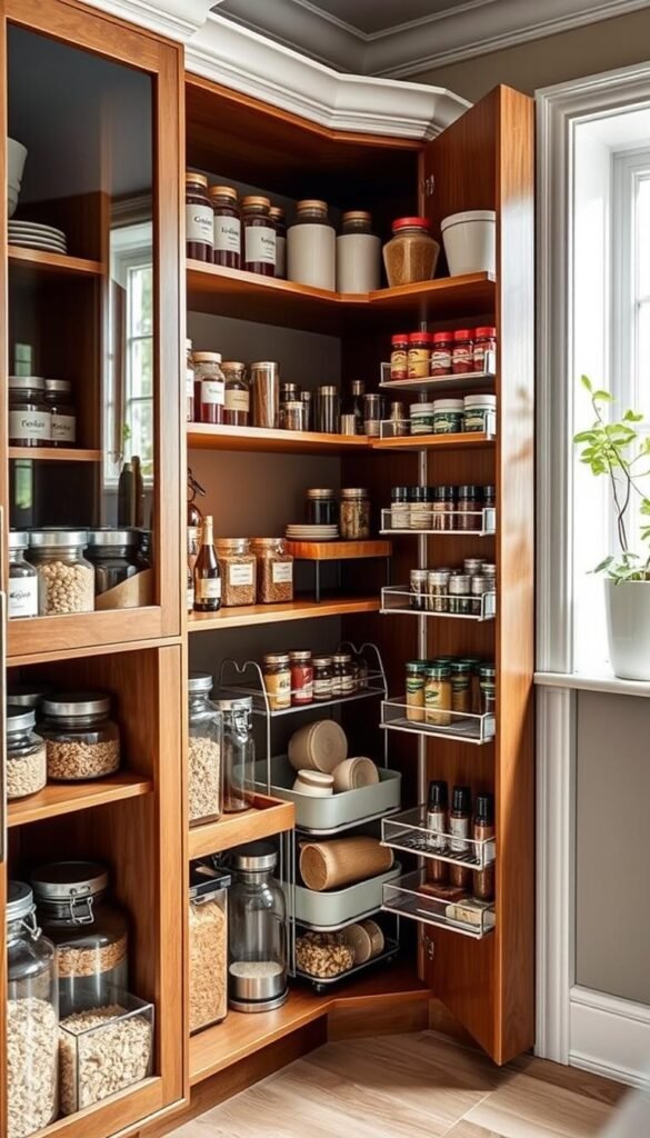 A beautifully organized corner pantry, featuring an array of stylish cabinet organizers that enhance visibility and accessibility. In the foreground, elegant wooden shelves display neatly labeled jars and containers, filled with dry goods. The middle section showcases tiered storage solutions, such as pull-out racks, holding spices and small kitchen tools. The background reveals a tastefully painted wall, adorned with decorative plants, adding a touch of warmth. Soft, natural light filters in from a nearby window, creating a cozy atmosphere. The scene captures a well-designed kitchen space, emphasizing efficiency and aesthetic appeal. Ideal for a Pinterest-style lifestyle photo, this image embodies the essence of maximum kitchen storage solutions. CozyTrendHub.