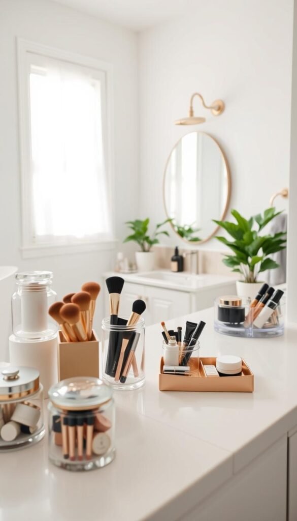 A beautifully organized countertop vanity in a bright and airy bathroom setting, showcasing practical makeup storage solutions ideal for small spaces. In the foreground, elegant jars and organizers filled with cosmetics, brushes, and skincare products are neatly arranged. The middle features a stylish, space-efficient vanity with a sleek, modern design, accompanied by a soothing potted plant. The background depicts soft, natural light filtering through a window, highlighting subtle pastel colors of the walls and elegant fixtures. The atmosphere is serene and inviting, evoking the perfect balance of functionality and aesthetics. Capture this idyllic scene with a slight overhead angle, emphasizing the layout and cleanliness. The image aligns with the brand aesthetic of CozyTrendHub, promoting sophisticated, minimalist home decor that enhances everyday living.