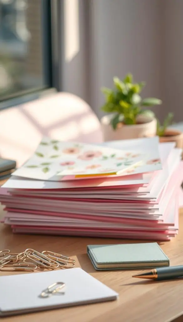 A beautifully organized desk scene featuring an aesthetically pleasing stack of assorted papers and stationery items in various pastel colors. The foreground displays neatly arranged paper clips, a stylish pen, and a small trendy notepad. In the middle ground, a tidy pile of papers, some with floral motifs and colorful sticky notes peeking out, radiates a sense of calm organization. Soft, diffused sunlight filters through a nearby window, illuminating the scene with a warm glow. The background features gentle greenery, such as a small potted plant, enhancing the tranquil atmosphere. The overall mood evokes serenity and efficiency, capturing the essence of tackling paper clutter in a chic, Pinterest-worthy environment that aligns with CozyTrendHub’s aesthetic. A beautifully organized desk scene featuring an aesthetically pleasing stack of assorted papers and stationery items in various pastel colors. The foreground displays neatly arranged paper clips, a stylish pen, and a small trendy notepad. In the middle ground, a tidy pile of papers, some with floral motifs and colorful sticky notes peeking out, radiates a sense of calm organization. Soft, diffused sunlight filters through a nearby window, illuminating the scene with a warm glow. The background features gentle greenery, such as a small potted plant, enhancing the tranquil atmosphere. The overall mood evokes serenity and efficiency, capturing the essence of tackling paper clutter in a chic, Pinterest-worthy environment that aligns with CozyTrendHub’s aesthetic.