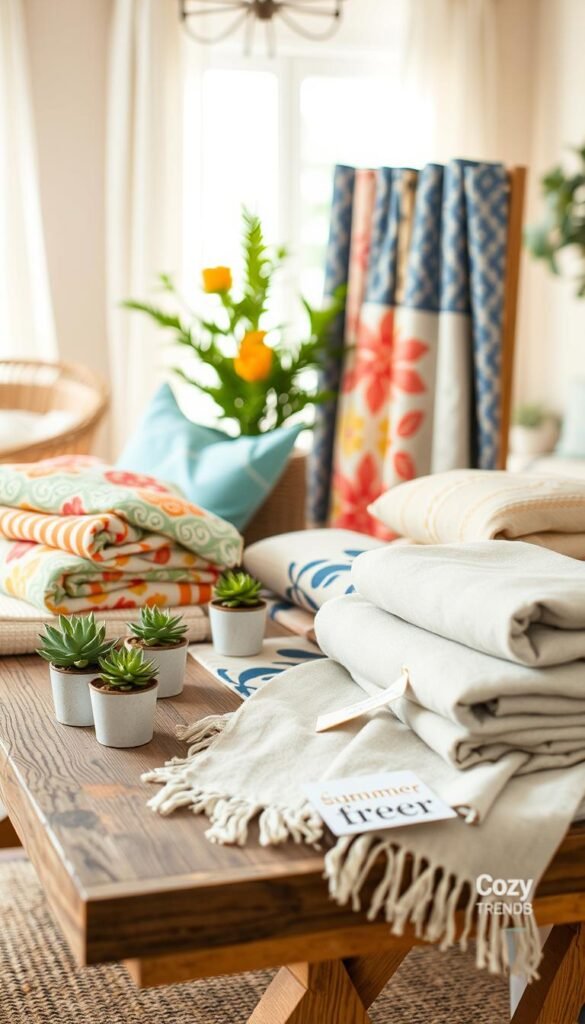 A beautifully organized display of summer textiles set on a rustic wooden table, showcasing colorful budget-friendly options like lightweight cotton throws, vibrant patterned table linens, and breathable curtains. In the foreground, these items are artfully arranged with hints of greenery, like small potted succulents, enhancing the summery vibe. In the middle ground, there’s a blurred background of a sunlit room, filled with subtle pastel walls and soft natural light filtering in through sheer curtains, creating an inviting atmosphere. The camera angle is slightly elevated, capturing the entirety of the textile arrangement, reminiscent of Pinterest-style home decor inspiration. The branding "CozyTrendHub" is subtly incorporated into the scene through a small tag on one of the textiles, promoting a cozy summer aesthetic that feels fresh and vibrant. A beautifully organized display of summer textiles set on a rustic wooden table, showcasing colorful budget-friendly options like lightweight cotton throws, vibrant patterned table linens, and breathable curtains. In the foreground, these items are artfully arranged with hints of greenery, like small potted succulents, enhancing the summery vibe. In the middle ground, there’s a blurred background of a sunlit room, filled with subtle pastel walls and soft natural light filtering in through sheer curtains, creating an inviting atmosphere. The camera angle is slightly elevated, capturing the entirety of the textile arrangement, reminiscent of Pinterest-style home decor inspiration. The branding "CozyTrendHub" is subtly incorporated into the scene through a small tag on one of the textiles, promoting a cozy summer aesthetic that feels fresh and vibrant.