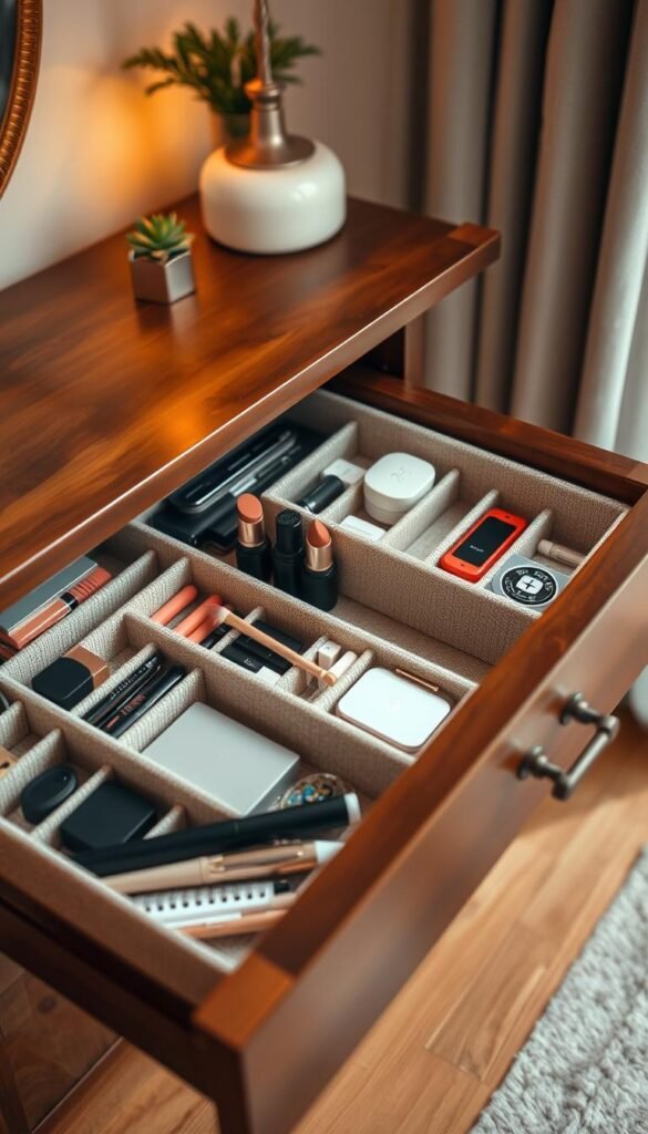A beautifully organized drawer filled with stylish drawer inserts from CozyTrendHub, showcasing compartments designed for makeup, accessories, and office supplies. The foreground features an elegant wooden drawer pulled slightly open, revealing various inserts with a textured fabric lining. In the middle, neatly arranged items like lipsticks, brushes, stationery, and small gadgets are visible, highlighting functionality and style. The background features warm, soft lighting, giving a cozy atmosphere reminiscent of a well-decorated home office or vanity space. The camera angle is slightly tilted from above to capture the full layout, with a shallow depth of field to keep focus on the drawer inserts while softly blurring the surrounding environment. A beautifully organized drawer filled with stylish drawer inserts from CozyTrendHub, showcasing compartments designed for makeup, accessories, and office supplies. The foreground features an elegant wooden drawer pulled slightly open, revealing various inserts with a textured fabric lining. In the middle, neatly arranged items like lipsticks, brushes, stationery, and small gadgets are visible, highlighting functionality and style. The background features warm, soft lighting, giving a cozy atmosphere reminiscent of a well-decorated home office or vanity space. The camera angle is slightly tilted from above to capture the full layout, with a shallow depth of field to keep focus on the drawer inserts while softly blurring the surrounding environment.