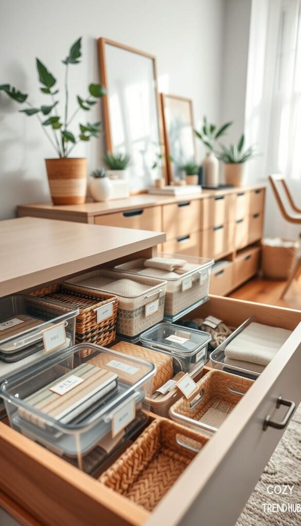 A beautifully organized drawer storage system showcasing various bins and baskets in a modern home setting. The foreground features a wide-open drawer filled with neatly arranged clear acrylic containers, woven baskets, and fabric bins, all labeled with stylish tags. In the middle, a sleek wooden dresser displays additional storage solutions and decorative items, such as potted plants and books, creating a cozy atmosphere. The background shows a softly lit room, with natural light filtering through a window, casting gentle shadows. The scene is captured using a shallow depth of field, providing a professional look that emphasizes both functionality and aesthetic appeal, inspired by the brand CozyTrendHub. The overall mood is warm and inviting, perfect for inspiring home organization ideas.