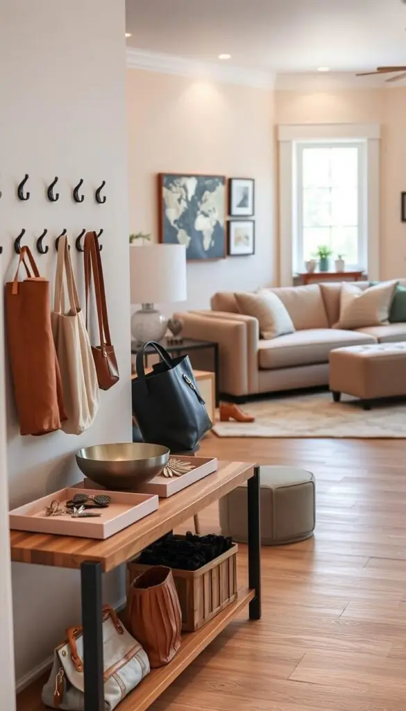 A beautifully organized entryway and living room scene, featuring stylish organizers for keys, bags, and everyday clutter, perfectly embodying a cozy yet modern aesthetic. In the foreground, a chic wooden entry table with an inviting arrangement of decorative trays, a stylish bowl for keys, and a couple of elegant hooks for bags. The middle ground showcases a cozy couch adorned with plush cushions and a small storage ottoman for additional organization. The background reveals a pastel-colored wall adorned with wall art and warm lighting that creates a welcoming atmosphere. Soft natural light filters through a nearby window, enhancing the inviting feel. This image should reflect Pinterest-style decor, curated by "CozyTrendHub", emphasizing a neat and harmonious living space.