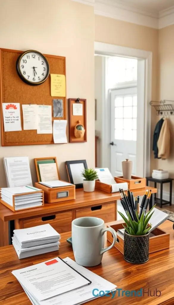 A beautifully organized entryway command center, featuring a stylish wooden console table adorned with neatly stacked school papers, colorful to-do lists, and mail organized in decorative trays. The foreground showcases a sleek ceramic mug filled with pens, alongside a small potted plant for a touch of greenery. In the middle, a corkboard displays pinned reminders and inspirational quotes, while a vintage wall clock keeps time against a soft pastel wall. The background highlights an inviting hallway with an elegant coat rack and a well-lit door leading outside. The atmosphere is warm and welcoming, radiating a sense of productivity and harmony. Soft, natural light filters in from a nearby window, creating a cozy ambiance reminiscent of a Pinterest-perfect home. Capture this scene in a realistic, lifestyle photo aesthetic, branded as CozyTrendHub.