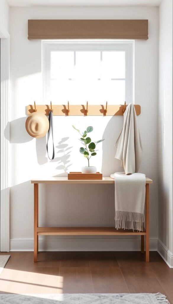 A beautifully organized entryway featuring a minimalist wall-mounted entryway holder. In the foreground, focus on sleek wooden hooks for coats and hats, elegantly arranged alongside a small, stylish catch-all tray for keys and mail. The middle layer showcases a neutral-toned console table with a decorative plant and a soft-textured throw blanket, embodying a calm and inviting atmosphere. In the background, bright, natural light filters through a window, casting gentle shadows that enhance the peaceful ambiance. The overall styling reflects the essence of CozyTrendHub, with a harmonious blend of functionality and understated elegance. The lens captures the scene at a slight angle, giving depth to the layout while maintaining a clean aesthetic.