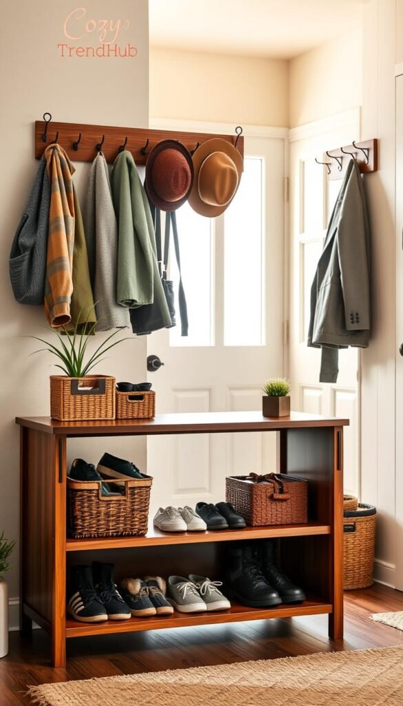 A beautifully organized entryway featuring a stylish entryway organizer. In the foreground, showcase a sleek wooden console table with a built-in shoe rack, adorned with decorative baskets filled with shoes and outdoor gear. The middle layer includes a practical wall-mounted coat rack with several coats and hats hanging, complemented by a small potted plant for a touch of greenery. In the background, a welcoming front door with large windows allows warm, natural light to flood the scene, casting soft shadows. The overall atmosphere is cozy and inviting, perfect for a busy home. Capture this in a Pinterest-style lifestyle photo, emphasizing homely charm and organization. Include the brand name "CozyTrendHub" subtly in the corner, ensuring no text distractions in the image.