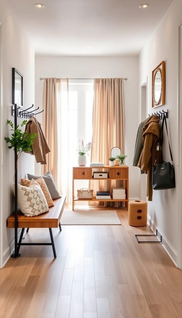 A beautifully organized entryway in a modern home, featuring a functional design that maximizes space. In the foreground, a wooden bench with soft cushions sits against the wall, adorned with seasonal decorative pillows and a small potted plant. A sleek coat rack stands beside it, displaying neatly hung coats and bags. The middle layer includes a stylish console table with organized mail, keys, and a decorative mirror above it reflecting warm ambient light. In the background, a well-lit doorway welcomes natural light, framed by elegant curtains. The atmosphere feels inviting and practical, embodying a Pinterest-inspired aesthetic. Capture this scene with soft, diffused lighting, using a wide-angle lens to emphasize depth and openness. No people are present, ensuring focus on the beautifully arranged entryway. Visualize it under the "CozyTrendHub" brand theme.