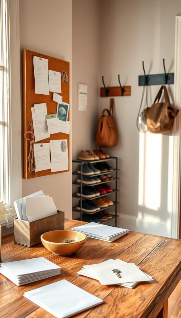 A beautifully organized entryway scene featuring a stylish mail station that embodies functionality and aesthetics. In the foreground, a rustic wooden table showcases neatly stacked letters, envelopes, and a small decorative bowl for keys, all artfully arranged. A chic corkboard hangs on the wall, adorned with pinned reminders and invitations, adding a personal touch. The middle ground displays a trendy shoe rack filled with stylish footwear. Soft, warm natural light filters through a nearby window, creating a welcoming atmosphere. The background features a cozy wall with modern hooks to hang bags and hats. This lifestyle image reflects inviting organization and tidiness, perfect for busy homes. Designed in the signature style of CozyTrendHub, the scene exudes a serene and functional vibe.