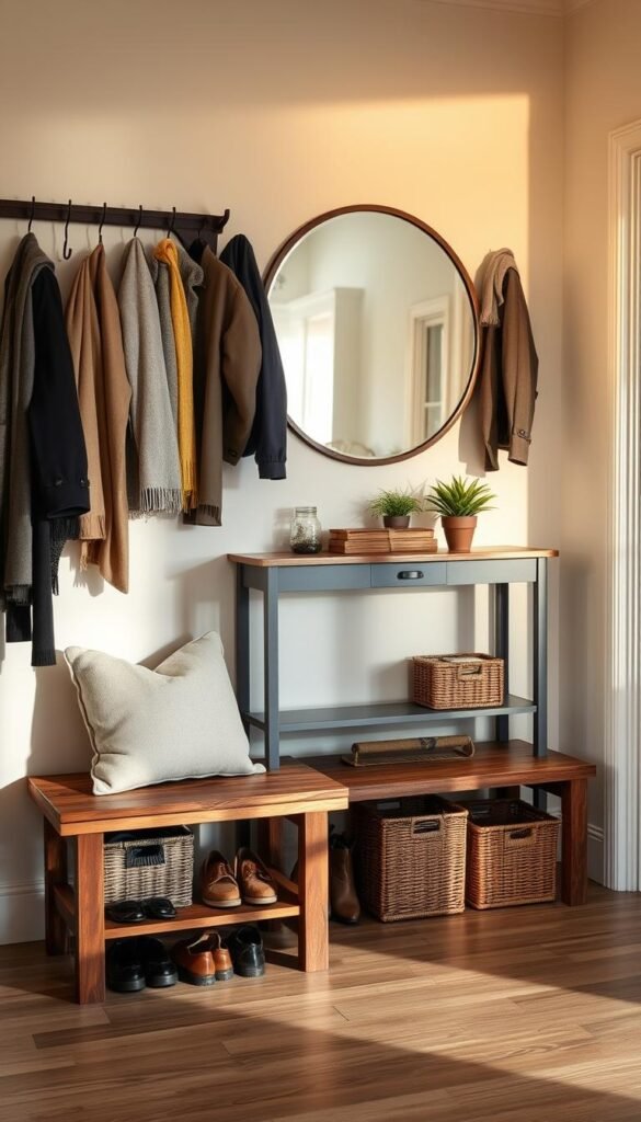 A beautifully organized entryway scene reflecting the essence of "CozyTrendHub." In the foreground, a stylish mudroom features a rustic wooden bench adorned with a plush, neutral-colored cushion, alongside neatly arranged shoes in woven baskets below. To the left, a wall-mounted coat rack showcases several casual to professional jackets and scarves, all carefully hung. The middle showcases a large, round mirror above an elegant console table, topped with small potted plants and a decorative bowl for keys. Soft, warm lighting casts gentle shadows, evoking a welcoming atmosphere, while the background hints at a cozy home with light-colored walls and subtle decorative elements. Capture this inviting space from a slightly elevated angle to emphasize organization and functionality, conveying tranquility and charm. A beautifully organized entryway scene reflecting the essence of "CozyTrendHub." In the foreground, a stylish mudroom features a rustic wooden bench adorned with a plush, neutral-colored cushion, alongside neatly arranged shoes in woven baskets below. To the left, a wall-mounted coat rack showcases several casual to professional jackets and scarves, all carefully hung. The middle showcases a large, round mirror above an elegant console table, topped with small potted plants and a decorative bowl for keys. Soft, warm lighting casts gentle shadows, evoking a welcoming atmosphere, while the background hints at a cozy home with light-colored walls and subtle decorative elements. Capture this inviting space from a slightly elevated angle to emphasize organization and functionality, conveying tranquility and charm.