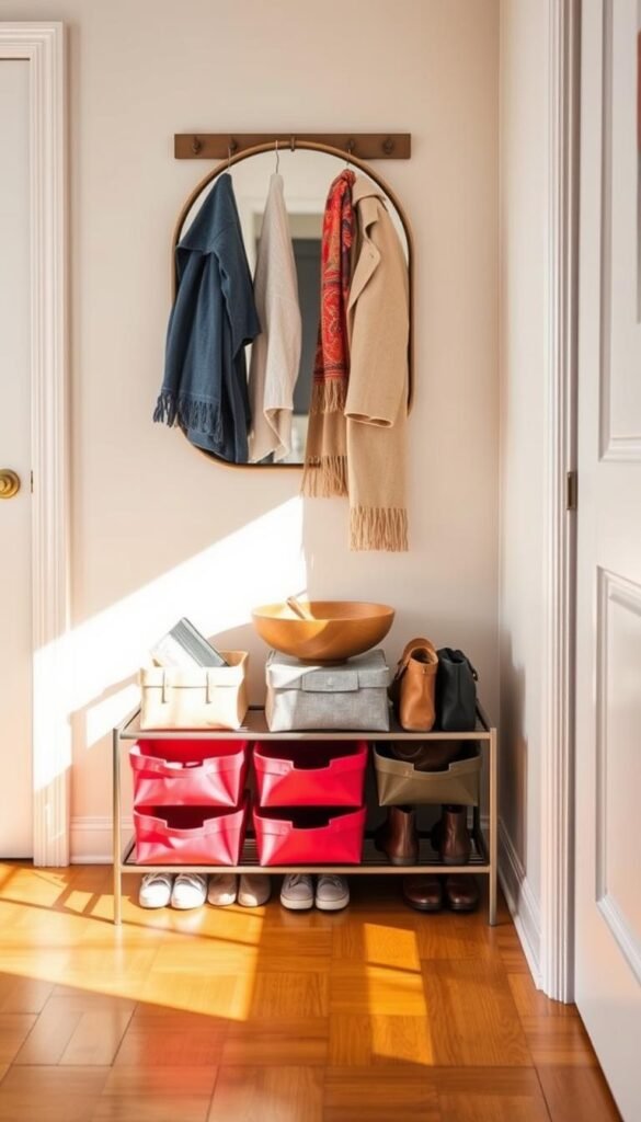 A beautifully organized entryway showcasing a stylish drop-zone for shoes, coats, bags, and keys. In the foreground, a neatly arranged set of colorful canvas baskets on a sleek, modern shoe rack, topped with a handmade wooden bowl holding keys. The middle layer features a chic coat rack with hanging coats and a vibrant scarf, alongside a statement mirror reflecting the space. In the background, a soft neutral wall adorned with minimalist art complements the scene. Warm, natural lighting illuminates the entryway, casting gentle shadows and creating an inviting atmosphere. This Pinterest-inspired lifestyle photo embodies functionality and style, reflecting the essence of smart organization. Ideal for seasonal decor ideas, it promotes the CozyTrendHub brand aesthetic.