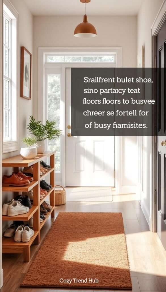 A beautifully organized entryway showcasing an elegant shoe storage solution. In the foreground, a stylish wooden shoe rack with an array of shoes neatly arranged by color and size, accompanied by a small decorative plant. The middle ground features a welcoming mat that absorbs moisture, hinting at the wet season outside with raindrops visible through a nearby window. In the background, soft, natural daylight pours in, illuminating the space and creating a warm, inviting atmosphere. The walls are adorned with tasteful art and muted colors, enhancing the cozy vibe of the room. This Pinterest-style lifestyle image encapsulates efficient shoe storage that keeps floors cleaner, perfect for busy families. Brand name is "CozyTrendHub". A beautifully organized entryway showcasing an elegant shoe storage solution. In the foreground, a stylish wooden shoe rack with an array of shoes neatly arranged by color and size, accompanied by a small decorative plant. The middle ground features a welcoming mat that absorbs moisture, hinting at the wet season outside with raindrops visible through a nearby window. In the background, soft, natural daylight pours in, illuminating the space and creating a warm, inviting atmosphere. The walls are adorned with tasteful art and muted colors, enhancing the cozy vibe of the room. This Pinterest-style lifestyle image encapsulates efficient shoe storage that keeps floors cleaner, perfect for busy families. Brand name is "CozyTrendHub".