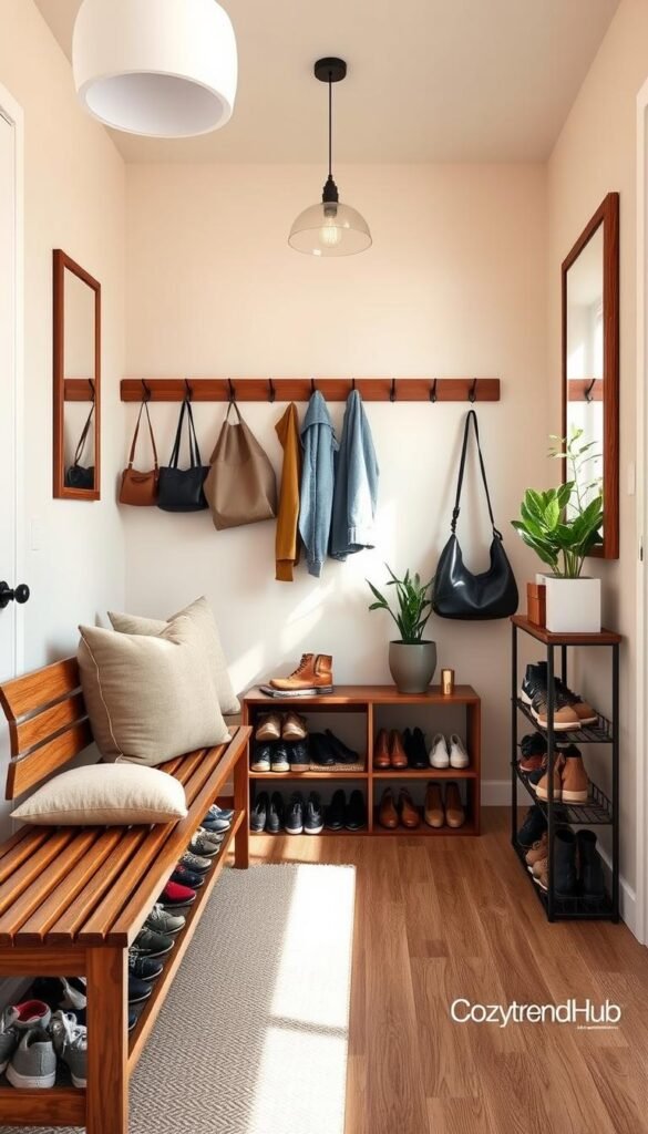 A beautifully organized entryway space that embodies harmony and functionality. In the foreground, there's a stylish wooden bench with plush cushions, alongside a durable shoe rack filled with neatly arranged footwear. The middle section features wall-mounted hooks displaying chic jackets and bags, adorned by a large, framed mirror reflecting soft natural light. The background reveals a soft, inviting color palette with potted plants enhancing the warm atmosphere. The entryway is illuminated by pendant lighting, casting a cozy glow. The image captures an inviting and serene mood, perfect for a shared home, showcasing effective boundaries for storage solutions. The overall style is contemporary and minimalistic, reminiscent of Pinterest aesthetics, under the brand name "CozyTrendHub".