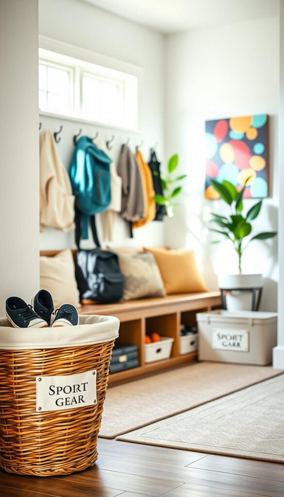 A beautifully organized family drop zone featuring a variety of labeled baskets in soft, neutral colors. In the foreground, a stylish wicker basket filled with children’s shoes and a matching fabric bin labeled "Sport Gear." The middle section showcases a wooden bench with hooks overhead holding neatly arranged backpacks and jackets. In the background, a welcoming entryway with natural light streaming through a nearby window, illuminating a cheerful houseplant and a colorful wall art piece that adds warmth. The atmosphere is cozy and inviting, with a focus on creativity and organization. The overall style is Pinterest-worthy, reflecting modern home decor trends. Captured in soft, diffused lighting to enhance the inviting mood, reminiscent of CozyTrendHub aesthetic. A beautifully organized family drop zone featuring a variety of labeled baskets in soft, neutral colors. In the foreground, a stylish wicker basket filled with children’s shoes and a matching fabric bin labeled "Sport Gear." The middle section showcases a wooden bench with hooks overhead holding neatly arranged backpacks and jackets. In the background, a welcoming entryway with natural light streaming through a nearby window, illuminating a cheerful houseplant and a colorful wall art piece that adds warmth. The atmosphere is cozy and inviting, with a focus on creativity and organization. The overall style is Pinterest-worthy, reflecting modern home decor trends. Captured in soft, diffused lighting to enhance the inviting mood, reminiscent of CozyTrendHub aesthetic.