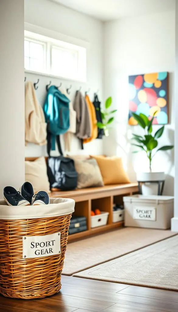 A beautifully organized family drop zone featuring a variety of labeled baskets in soft, neutral colors. In the foreground, a stylish wicker basket filled with children&rsquo;s shoes and a matching fabric bin labeled "Sport Gear." The middle section showcases a wooden bench with hooks overhead holding neatly arranged backpacks and jackets. In the background, a welcoming entryway with natural light streaming through a nearby window, illuminating a cheerful houseplant and a colorful wall art piece that adds warmth. The atmosphere is cozy and inviting, with a focus on creativity and organization. The overall style is Pinterest-worthy, reflecting modern home decor trends. Captured in soft, diffused lighting to enhance the inviting mood, reminiscent of CozyTrendHub aesthetic.