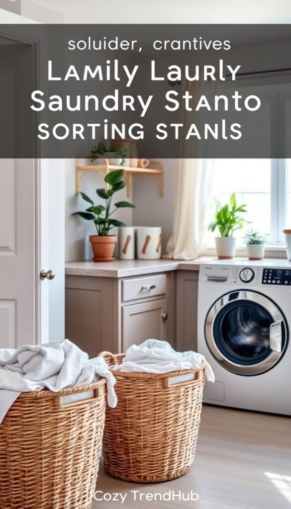 A beautifully organized family laundry sorting station in a bright, airy laundry room. In the foreground, three stylishly designed woven baskets are labeled for whites, colors, and delicates, overflowing with neatly folded laundry. The middle ground features a practical countertop with a few laundry essentials, like detergent and fabric softener, arranged alongside a modern, compact washer and dryer. In the background, soft natural light filters through a window adorned with light, breezy curtains, illuminating potted plants that add a touch of greenery to the space. The overall atmosphere is calm and inviting, perfect for making laundry day a family-friendly activity. The decor reflects a contemporary yet cozy vibe, inspired by modern home trends. This image represents "CozyTrendHub" for a stylish storage solution.