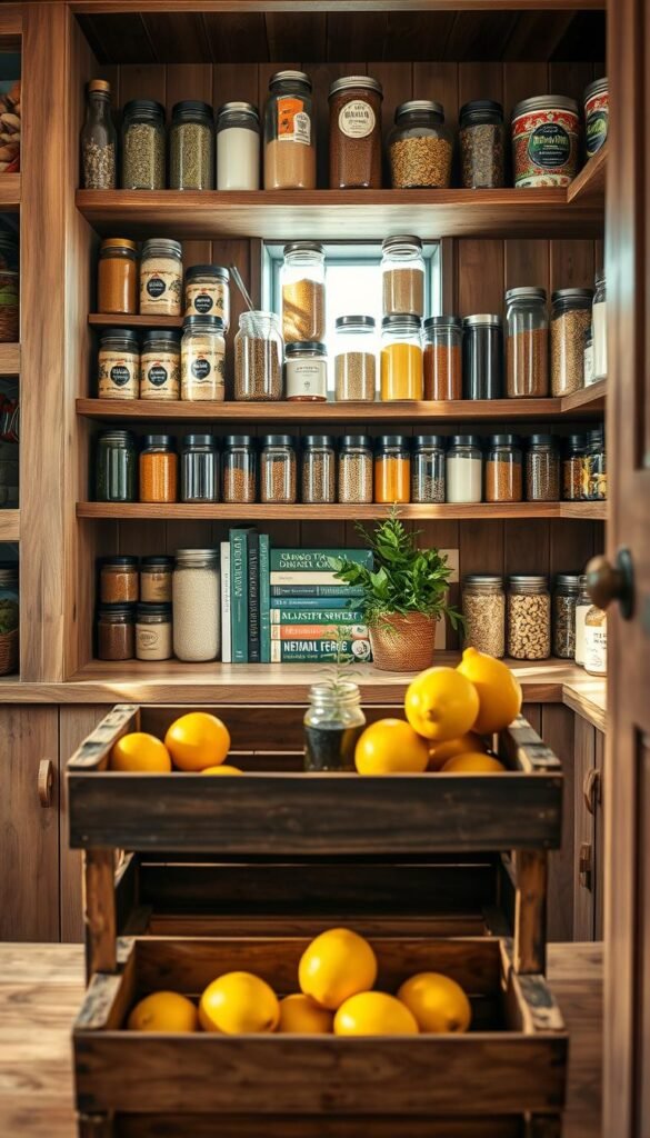 A beautifully organized farmhouse pantry, showcasing a rustic wooden shelf filled with various glass jars and tin containers holding colorful spices, grains, and dried herbs. In the foreground, a vintage wooden crate serves as a stand for fresh produce like apples and lemons. The middle section features neatly stacked cookbooks and a small potted herb plant, like rosemary or basil, adding a touch of greenery. The background showcases a soft, diffused natural light streaming through a window, creating warm shadows that enhance the cozy atmosphere. Use a wide-angle lens to capture the entire scene in one harmonious shot. This image should reflect the essence of using what you have for effective organizing, exuding a warm and inviting ambiance suitable for a Pinterest-style lifestyle aesthetic from CozyTrendHub. A beautifully organized farmhouse pantry, showcasing a rustic wooden shelf filled with various glass jars and tin containers holding colorful spices, grains, and dried herbs. In the foreground, a vintage wooden crate serves as a stand for fresh produce like apples and lemons. The middle section features neatly stacked cookbooks and a small potted herb plant, like rosemary or basil, adding a touch of greenery. The background showcases a soft, diffused natural light streaming through a window, creating warm shadows that enhance the cozy atmosphere. Use a wide-angle lens to capture the entire scene in one harmonious shot. This image should reflect the essence of using what you have for effective organizing, exuding a warm and inviting ambiance suitable for a Pinterest-style lifestyle aesthetic from CozyTrendHub.