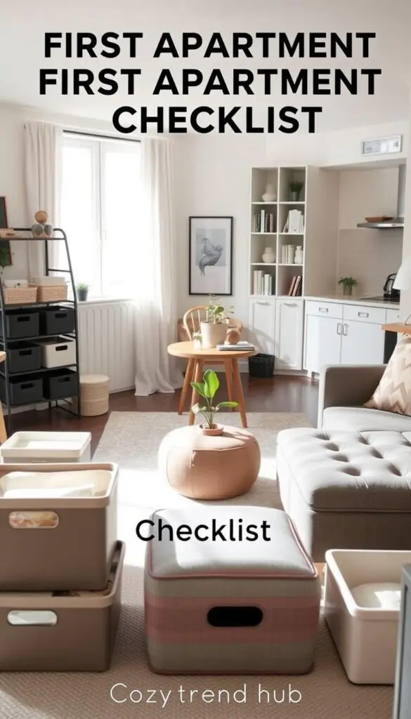 A beautifully organized first apartment checklist centered on storage solutions. In the foreground, showcase various stylish organizers such as decorative bins, shelf dividers, and multi-functional furniture like an ottoman with hidden storage. In the middle, a cozy living space featuring a soft area rug, a small table with a plant, and minimalistic shelving displaying neatly arranged books and decor items. In the background, a partially open kitchen with simple cabinet storage and a small dining area with functional, space-saving furniture. Soft, natural lighting streams in from a window, creating a warm and inviting atmosphere. The overall mood is fresh, modern, and practical, reflecting the essence of a first apartment. Captured in a high-quality, Pinterest-style image, branded with "CozyTrendHub" to emphasize style and organization.